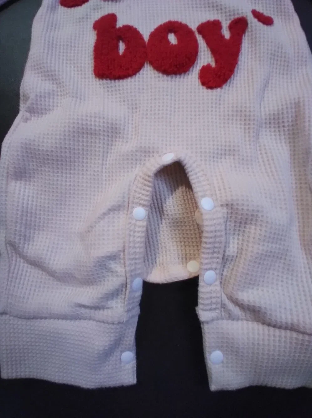 New Newborn Baby Boy Onesie With Hat. Cream Waffle Knit With Embossed Lover Boy